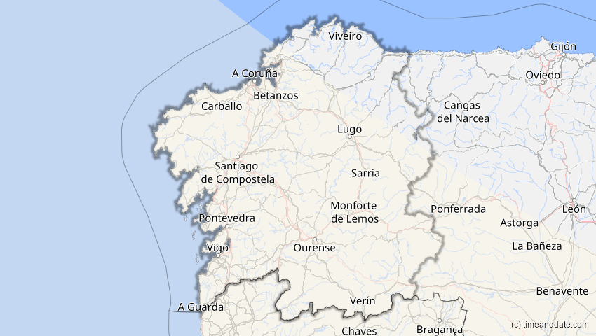 A map of Galicien, Spanien, showing the path of the 14. Sep 2099 Totale Sonnenfinsternis