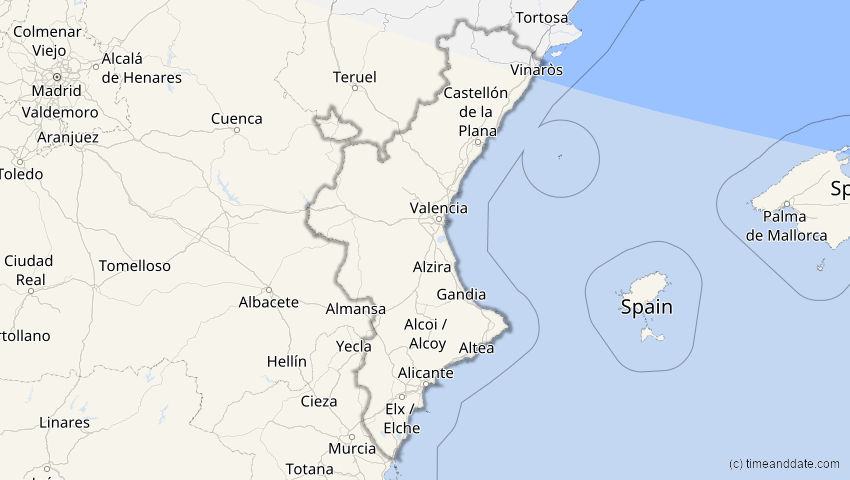 A map of Valencia, Spanien, showing the path of the 14. Sep 2099 Totale Sonnenfinsternis