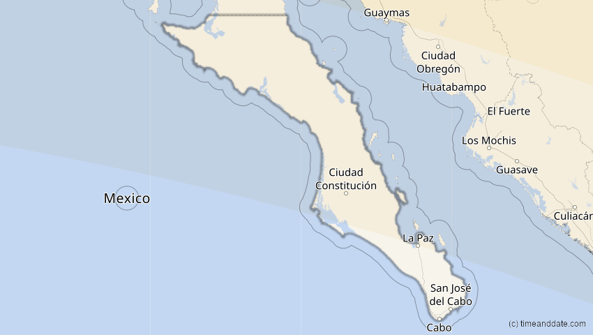 A map of Baja California Sur, Mexiko, showing the path of the 14. Sep 2099 Totale Sonnenfinsternis