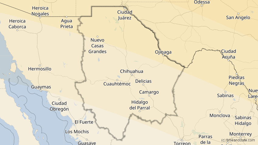A map of Chihuahua, Mexiko, showing the path of the 14. Sep 2099 Totale Sonnenfinsternis