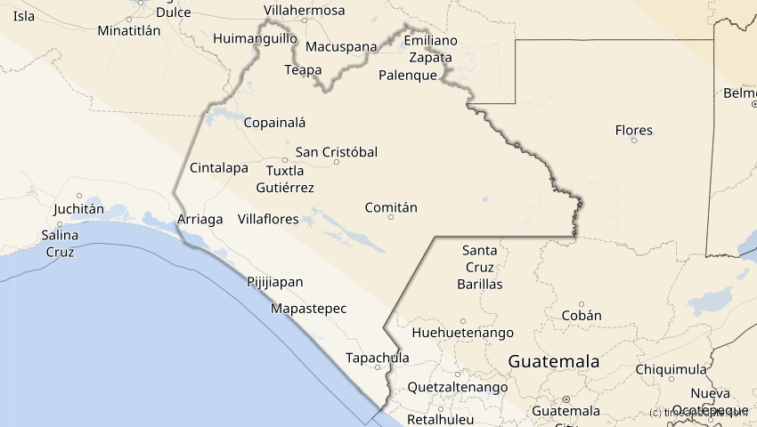 A map of Chiapas, Mexiko, showing the path of the 14. Sep 2099 Totale Sonnenfinsternis