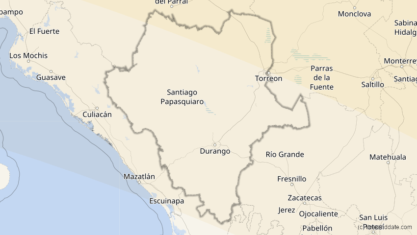 A map of Durango, Mexiko, showing the path of the 14. Sep 2099 Totale Sonnenfinsternis