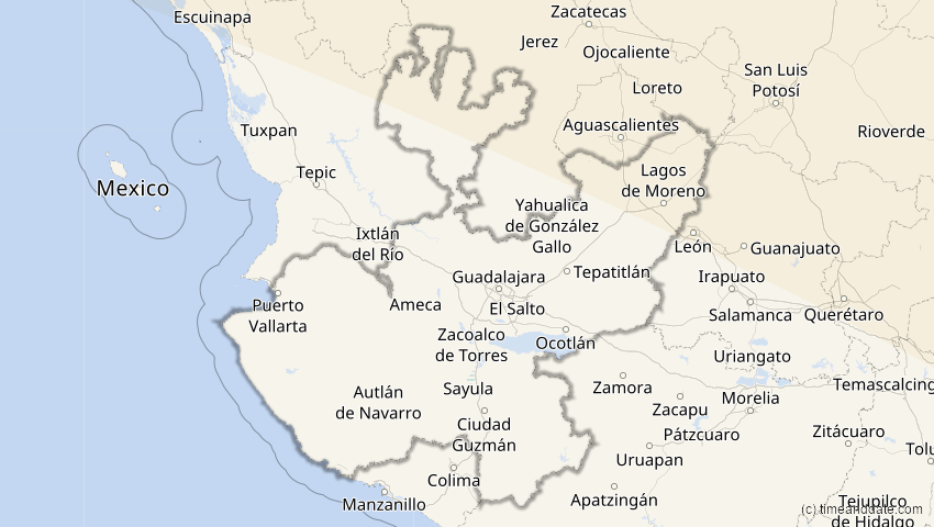 A map of Jalisco, Mexiko, showing the path of the 14. Sep 2099 Totale Sonnenfinsternis