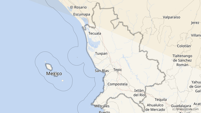 A map of Nayarit, Mexiko, showing the path of the 14. Sep 2099 Totale Sonnenfinsternis