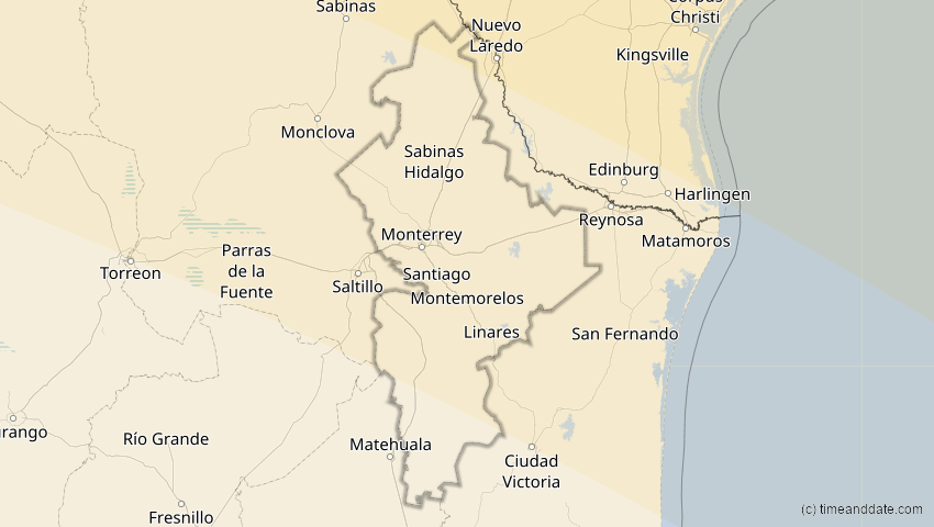 A map of Nuevo León, Mexiko, showing the path of the 14. Sep 2099 Totale Sonnenfinsternis