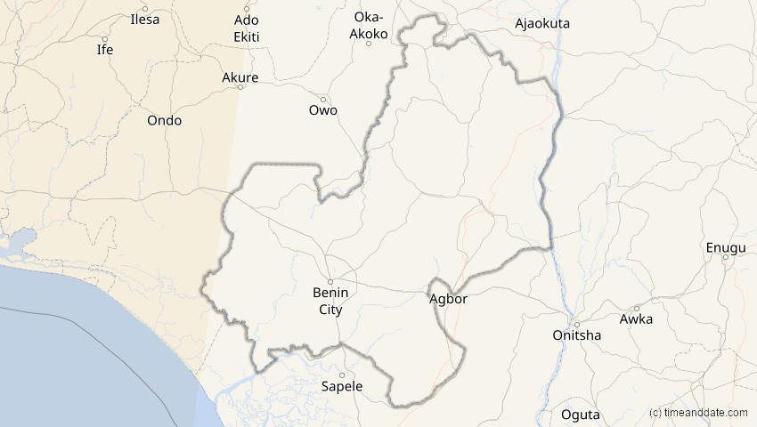 A map of Edo, Nigeria, showing the path of the 14. Sep 2099 Totale Sonnenfinsternis