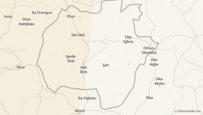 A map of Ekiti, Nigeria, showing the path of the 14. Sep 2099 Totale Sonnenfinsternis