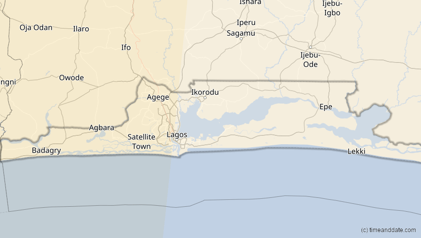A map of Lagos, Nigeria, showing the path of the 14. Sep 2099 Totale Sonnenfinsternis