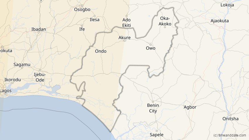 A map of Ondo, Nigeria, showing the path of the 14. Sep 2099 Totale Sonnenfinsternis