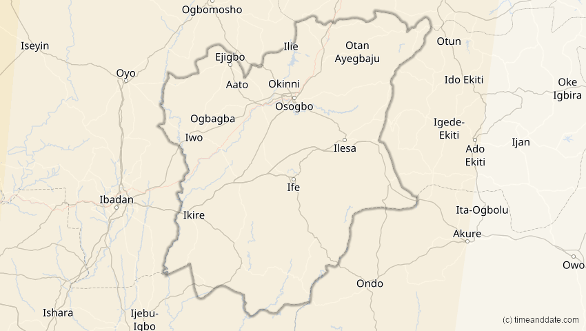 A map of Osun, Nigeria, showing the path of the 14. Sep 2099 Totale Sonnenfinsternis