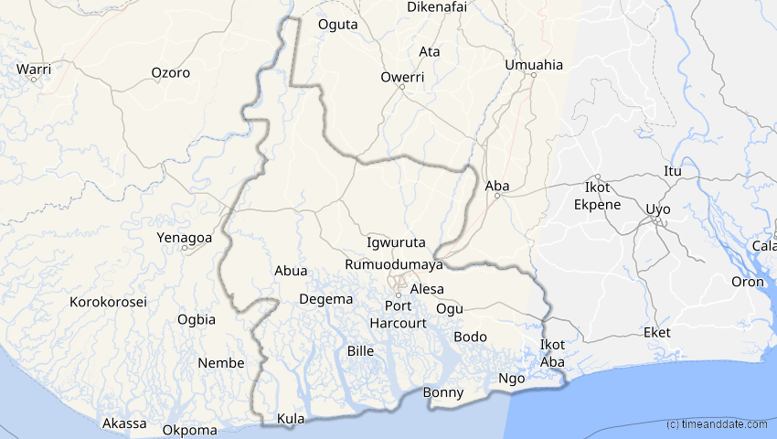 A map of Rivers, Nigeria, showing the path of the 14. Sep 2099 Totale Sonnenfinsternis