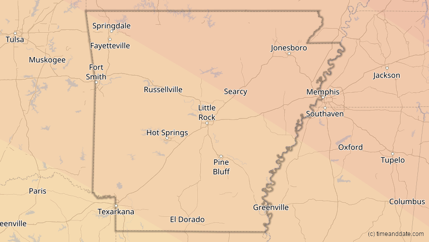 A map of Arkansas, USA, showing the path of the 14. Sep 2099 Totale Sonnenfinsternis