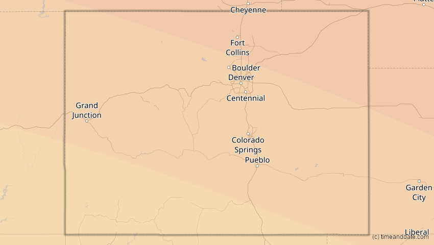 A map of Colorado, USA, showing the path of the 14. Sep 2099 Totale Sonnenfinsternis