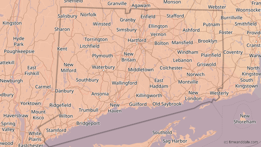 A map of Connecticut, USA, showing the path of the 14. Sep 2099 Totale Sonnenfinsternis