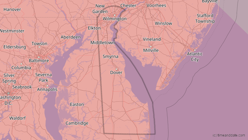 A map of Delaware, USA, showing the path of the 14. Sep 2099 Totale Sonnenfinsternis