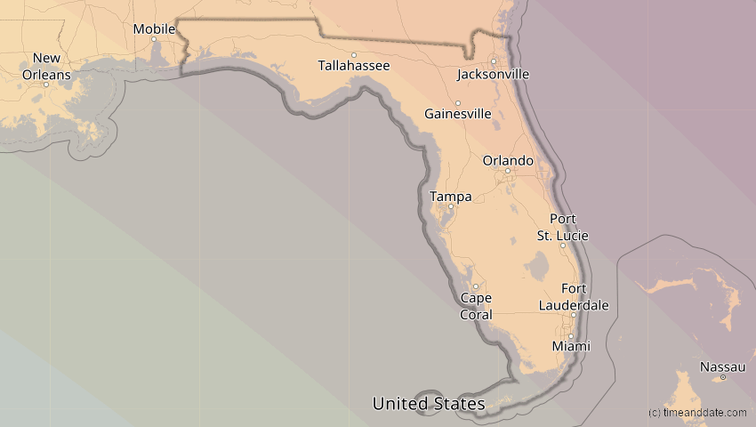 A map of Florida, USA, showing the path of the 14. Sep 2099 Totale Sonnenfinsternis