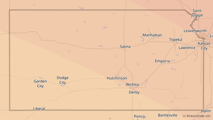 A map of Kansas, USA, showing the path of the 14. Sep 2099 Totale Sonnenfinsternis