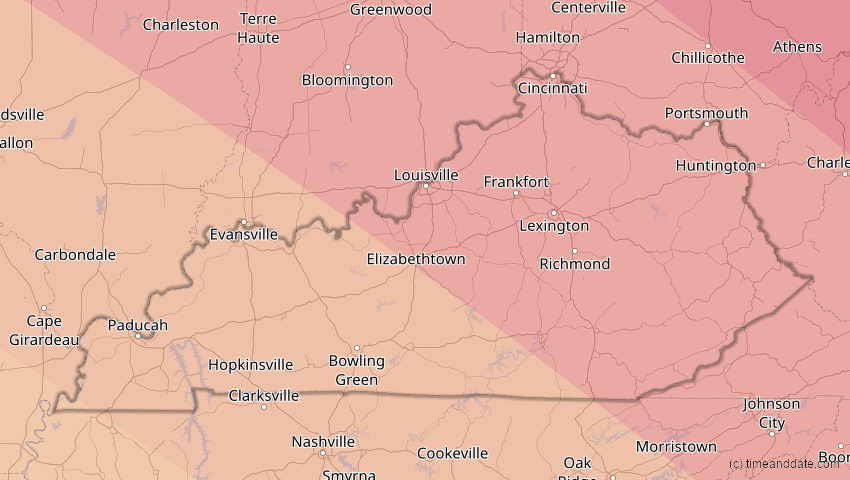 A map of Kentucky, USA, showing the path of the 14. Sep 2099 Totale Sonnenfinsternis