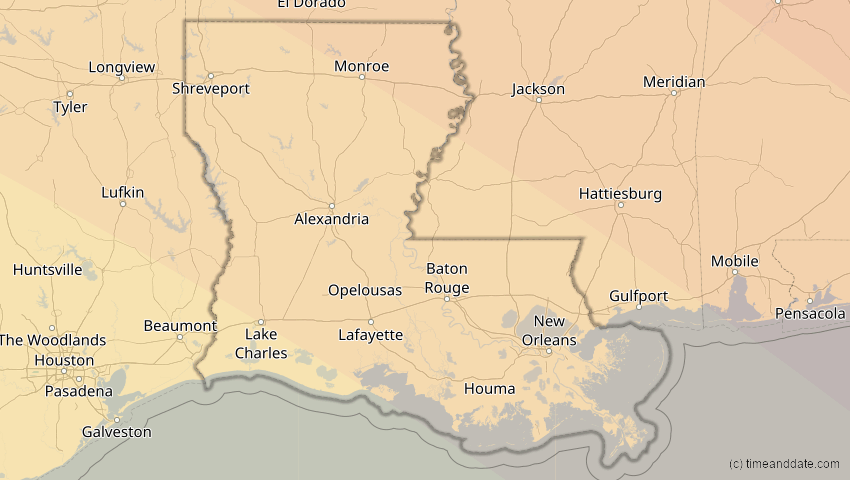 A map of Louisiana, USA, showing the path of the 14. Sep 2099 Totale Sonnenfinsternis