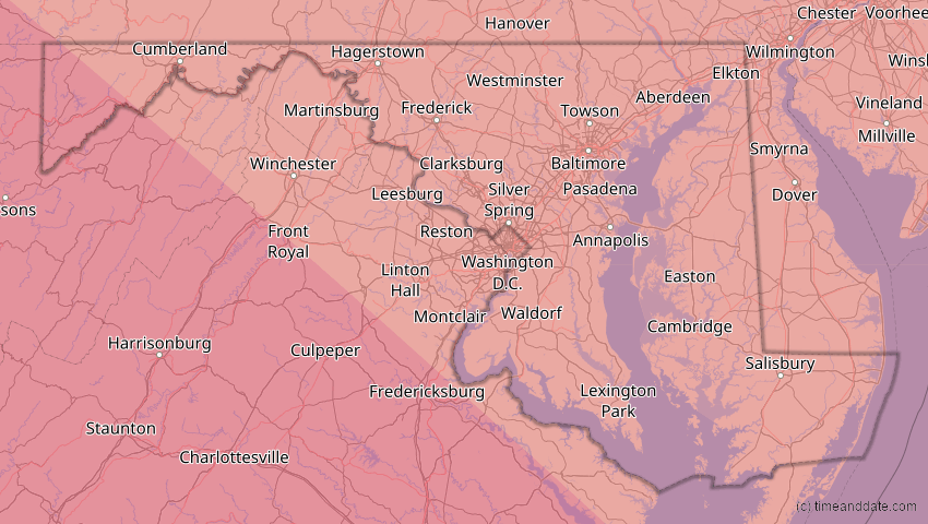 A map of Maryland, USA, showing the path of the 14. Sep 2099 Totale Sonnenfinsternis