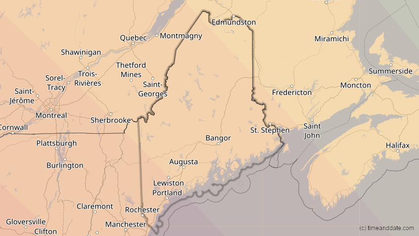 A map of Maine, USA, showing the path of the 14. Sep 2099 Totale Sonnenfinsternis