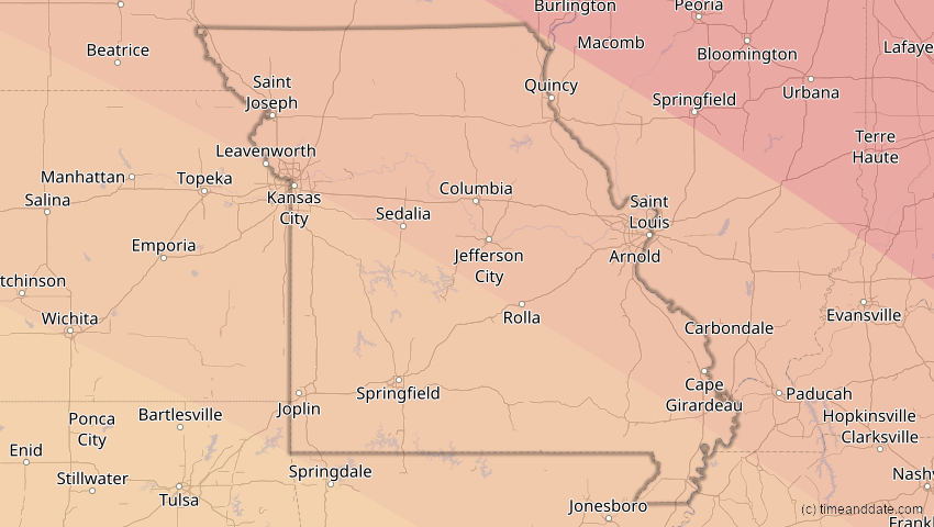 A map of Missouri, USA, showing the path of the 14. Sep 2099 Totale Sonnenfinsternis