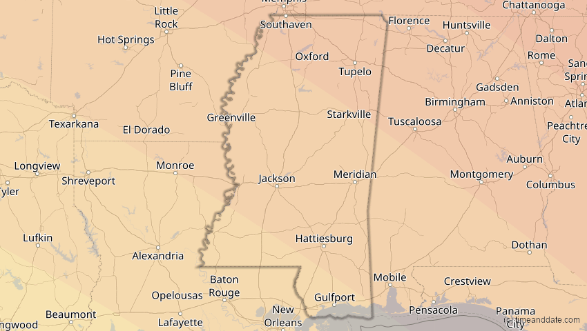 A map of Mississippi, USA, showing the path of the 14. Sep 2099 Totale Sonnenfinsternis