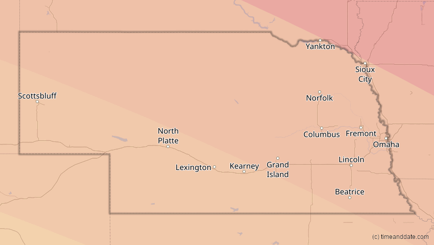 A map of Nebraska, USA, showing the path of the 14. Sep 2099 Totale Sonnenfinsternis