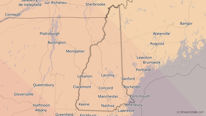 A map of New Hampshire, USA, showing the path of the 14. Sep 2099 Totale Sonnenfinsternis