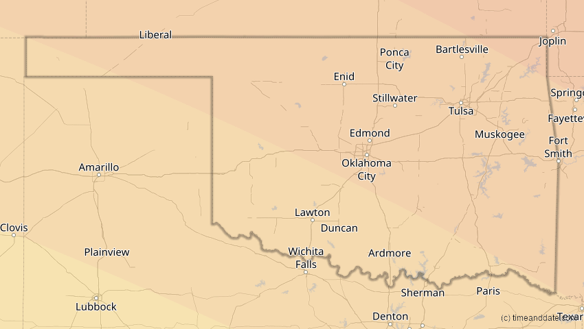 A map of Oklahoma, USA, showing the path of the 14. Sep 2099 Totale Sonnenfinsternis