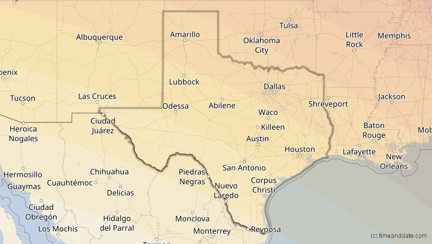 A map of Texas, USA, showing the path of the 14. Sep 2099 Totale Sonnenfinsternis