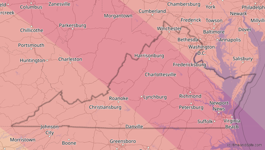 A map of Virginia, USA, showing the path of the 14. Sep 2099 Totale Sonnenfinsternis