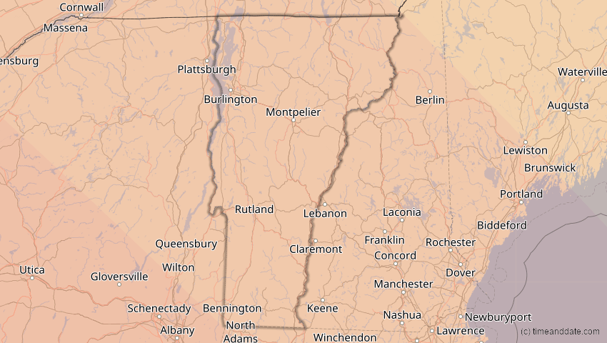 A map of Vermont, USA, showing the path of the 14. Sep 2099 Totale Sonnenfinsternis
