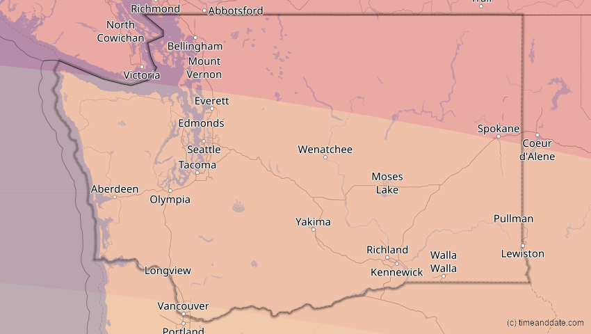 A map of Washington, USA, showing the path of the 14. Sep 2099 Totale Sonnenfinsternis