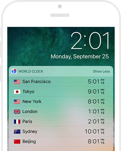 World Clocks in the today notifcation center widget